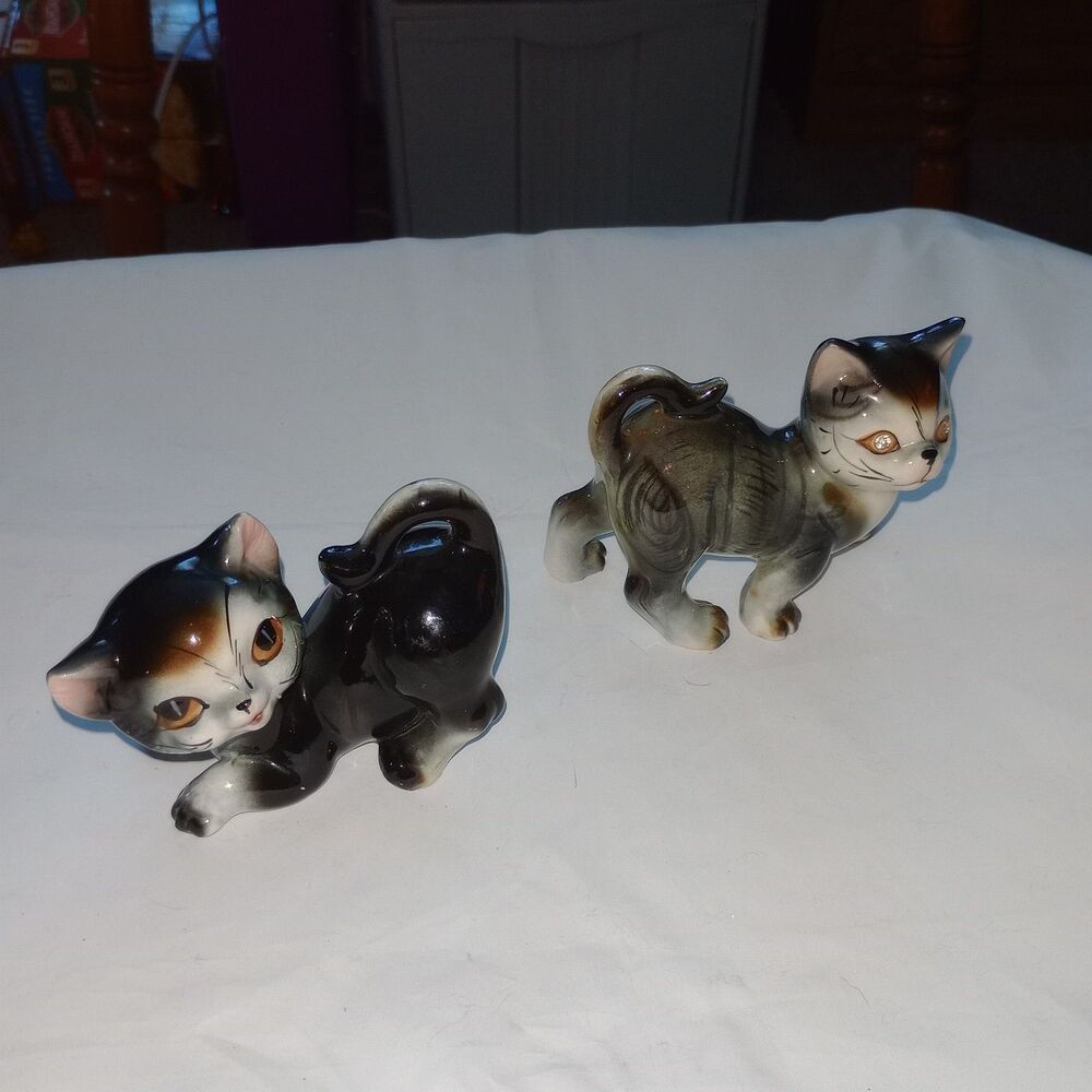 Vtg Tilso Handpainted 50s 60s MCM Tabby Kitty Cat Figurine Rhinestone Eyes Japan